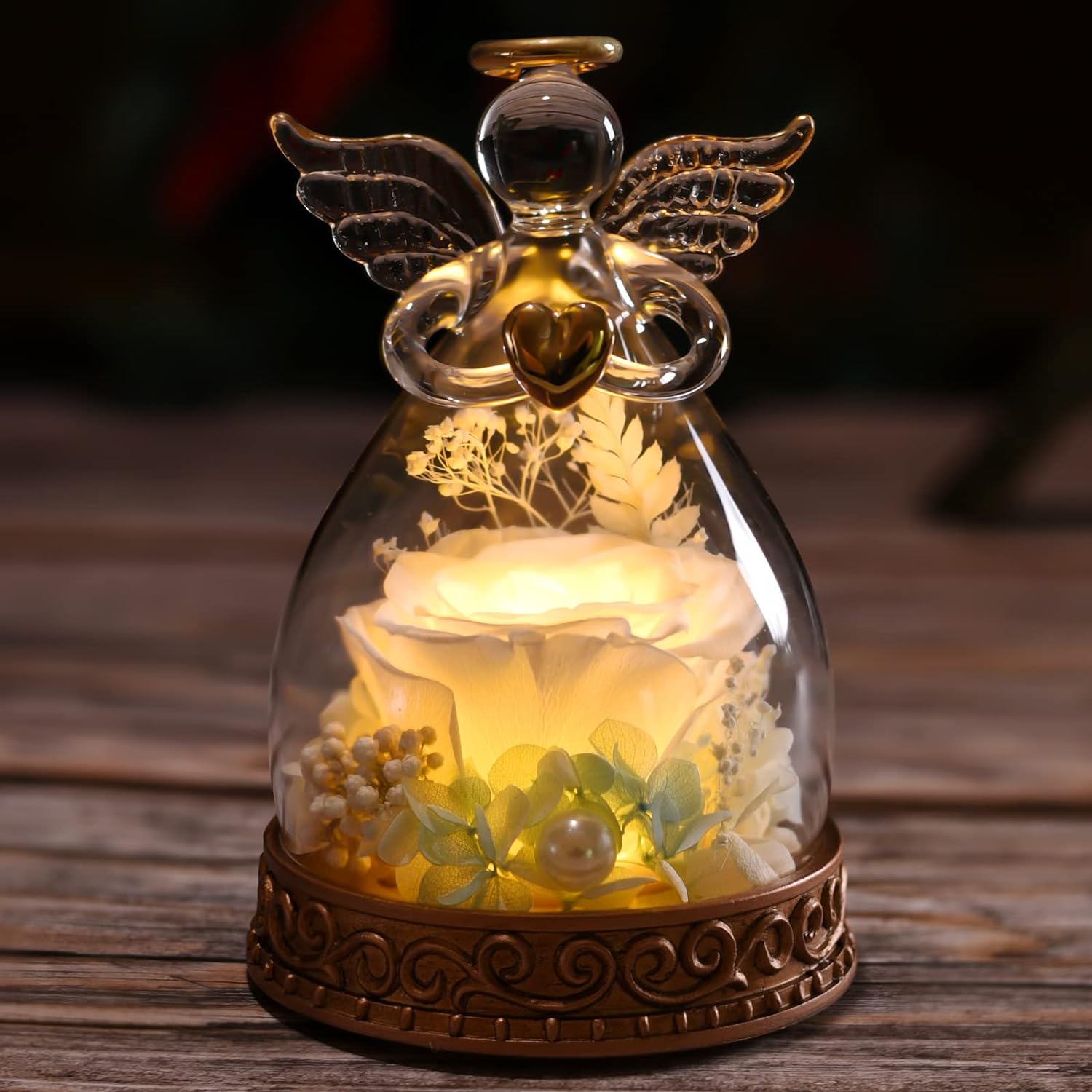 Dried & Preserved Flora - Aastin Angel Gifts for Women, Mom, Grandma, Preserved Real Rose in Glass Angel Figurine with LED Light, 1PSC Rose Gifts on Christmas, Birthday, Mother's Day, Valentine's Day (White)