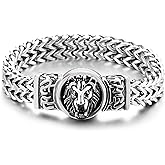 COOLSTEELANDBEYOND Mens Steel Bracelet with 3D Lion Head Centerpiece, Woven Franco Link Chain, Bold Biker Style Jewelry
