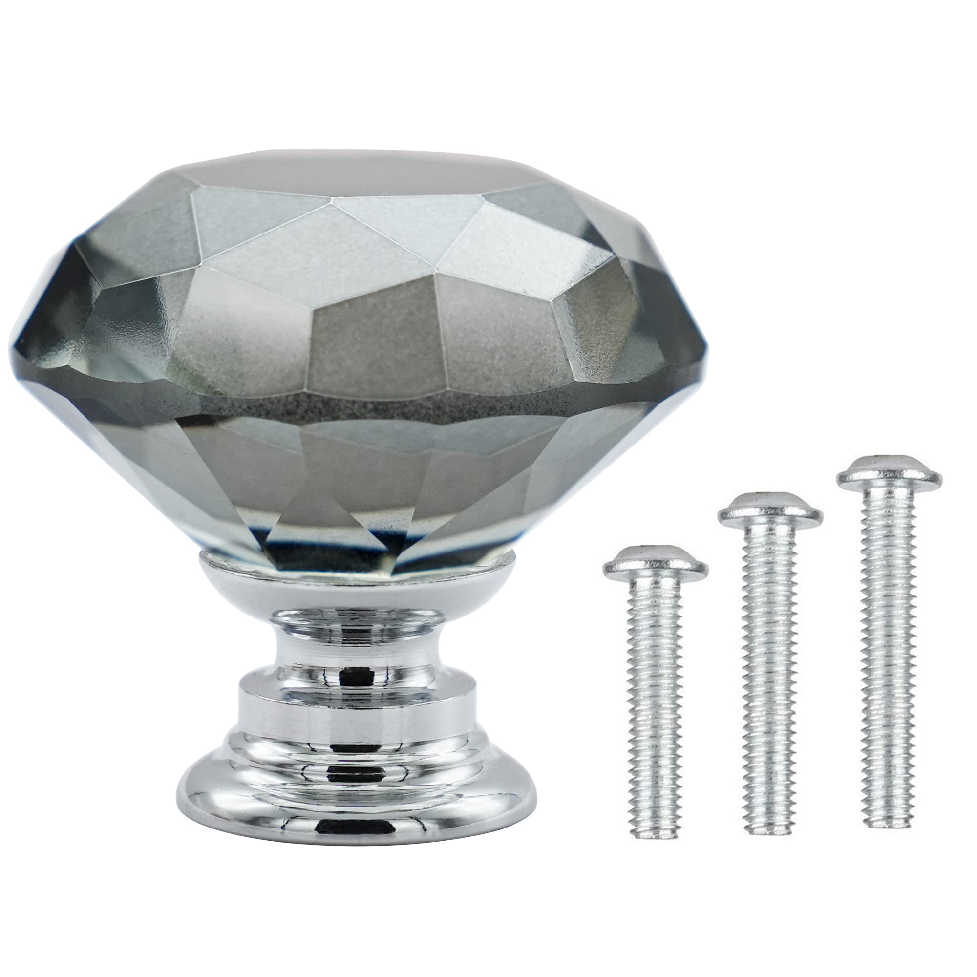Vandicka 20 Pack 30mm Crystal Glass Cabinet Door Knobs Wardrobe Cupboard Dresser Drawer Pull Handles (Grey Diamond + Chrome Base) with Screws in 3 Sizes — image 1