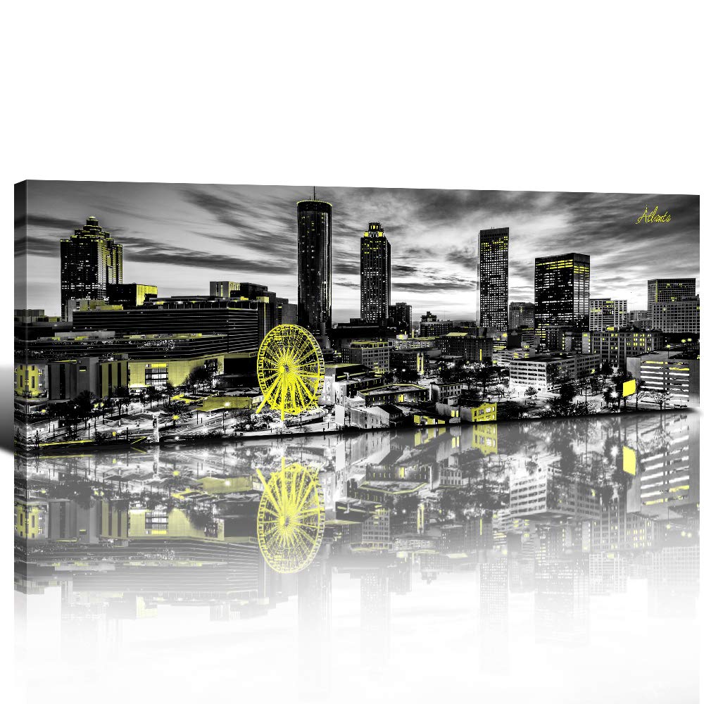 Atlanta Wall Art Downtown Skyline Decoration USA Modern Ferris wheel Landscape Finance Center Canvas Print Men Office Black and Yellow City Photo Picture Artwork Ready to Hang 14x48 Inches 1 Pcs