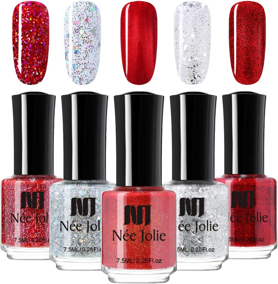 NEE JOLIE 5 Bottles Glitter Nail Polish Set 7.5ML Shining Colour Shimmered Manicure Varnish Polish