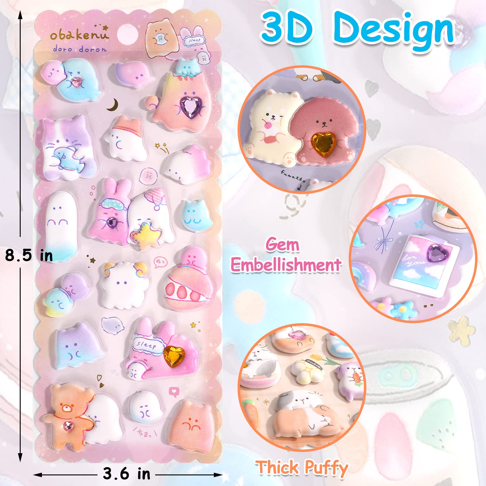 Thick Puffy Stickers for Kids Girls Cute Kawaii Japanese Soft Stickers for Teens Large 3D Squishes Stickers with Gem Embellishment Reusable Puff Stickers for Stationary Phone Case,6 Sheets.