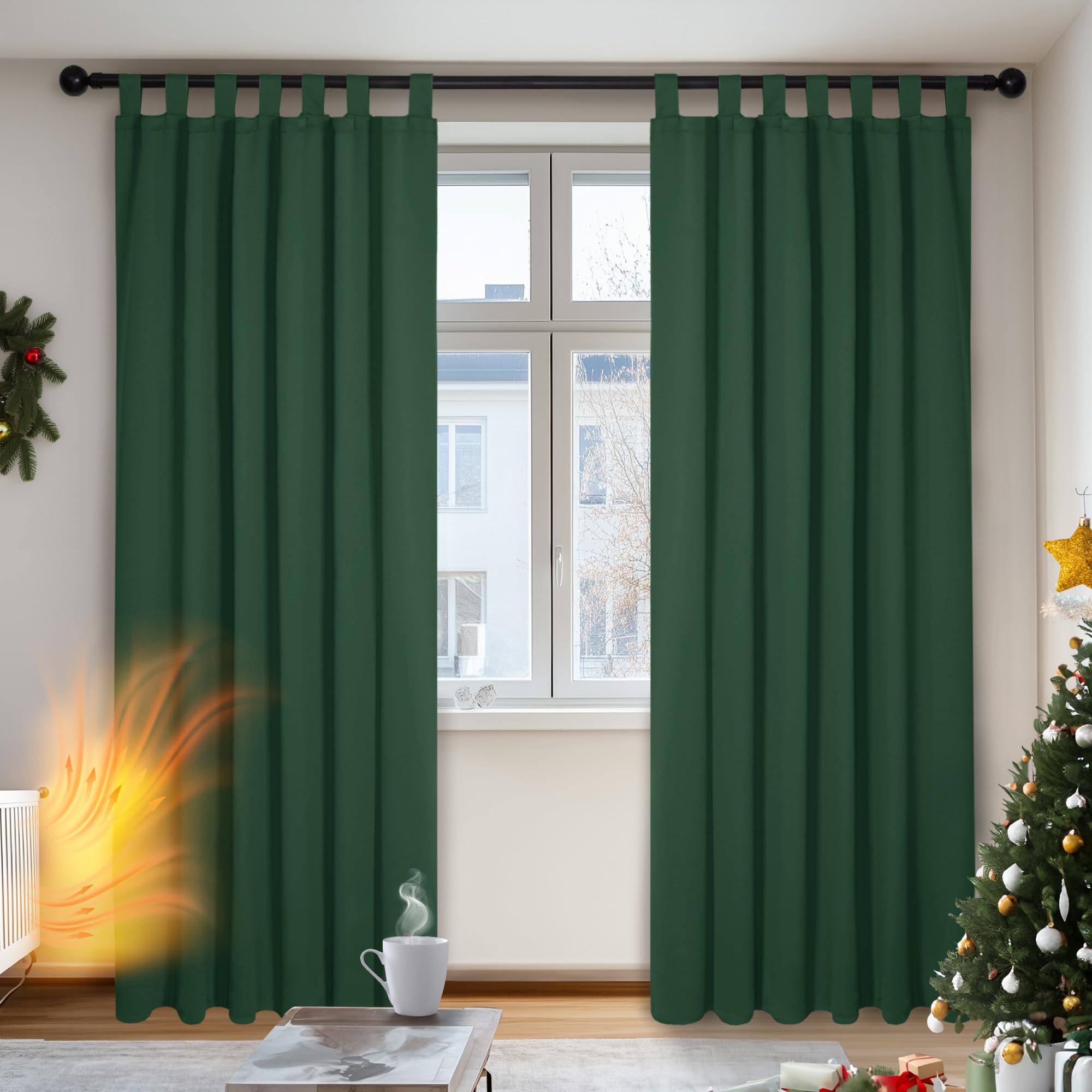Deconovo Tab Top Curtains, Thermal Curtains for Bedroom, Christmas Decoration, Lace and Ready, 140 x 220 cm, Dark Green, 2 Pieces
