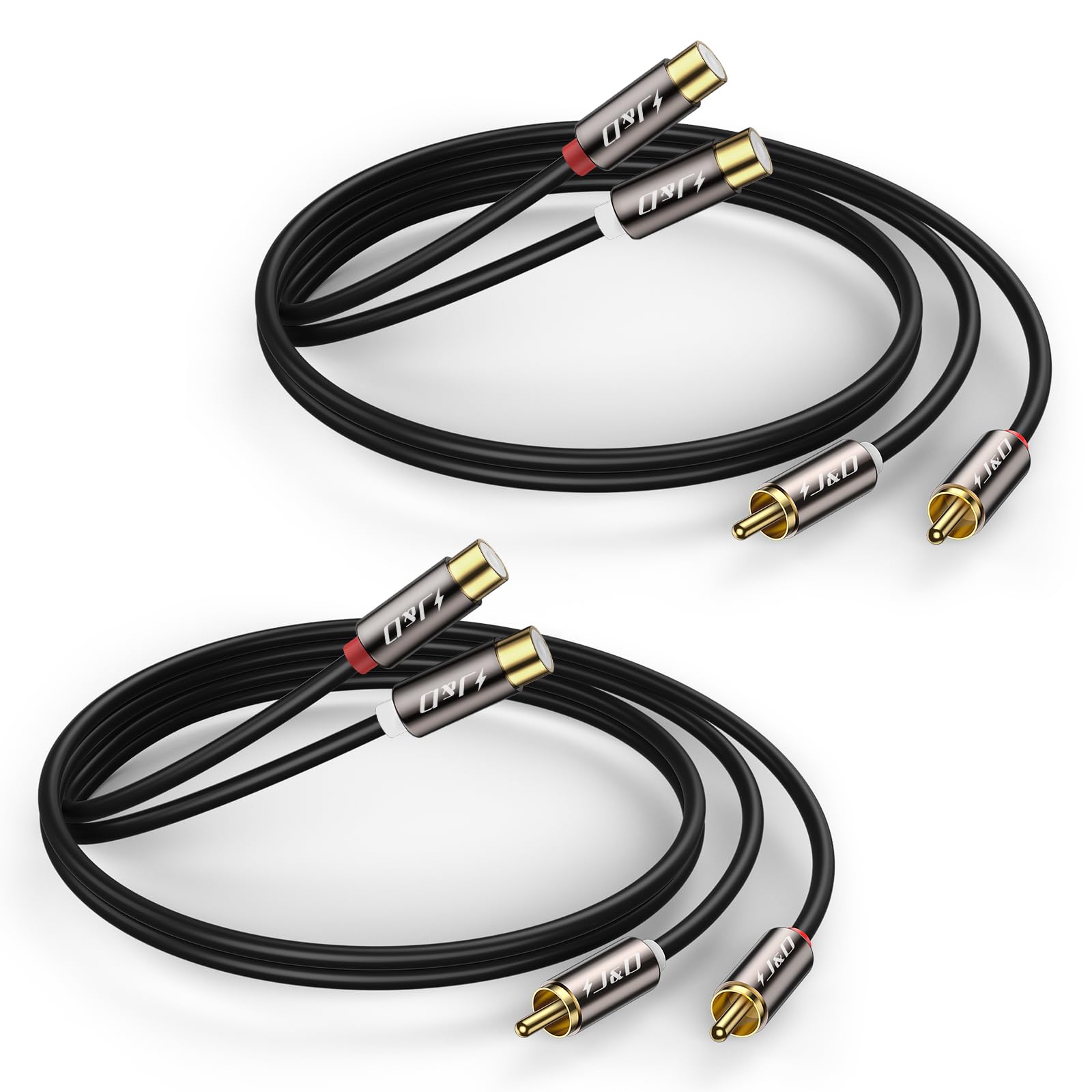 J&D 2 RCA to 2 RCA Cable, 2-Pack Gold Plated Copper Shell Heavy Duty Male to Female Stereo Audio Extension Cable, 1.8 Meter/6 Feet