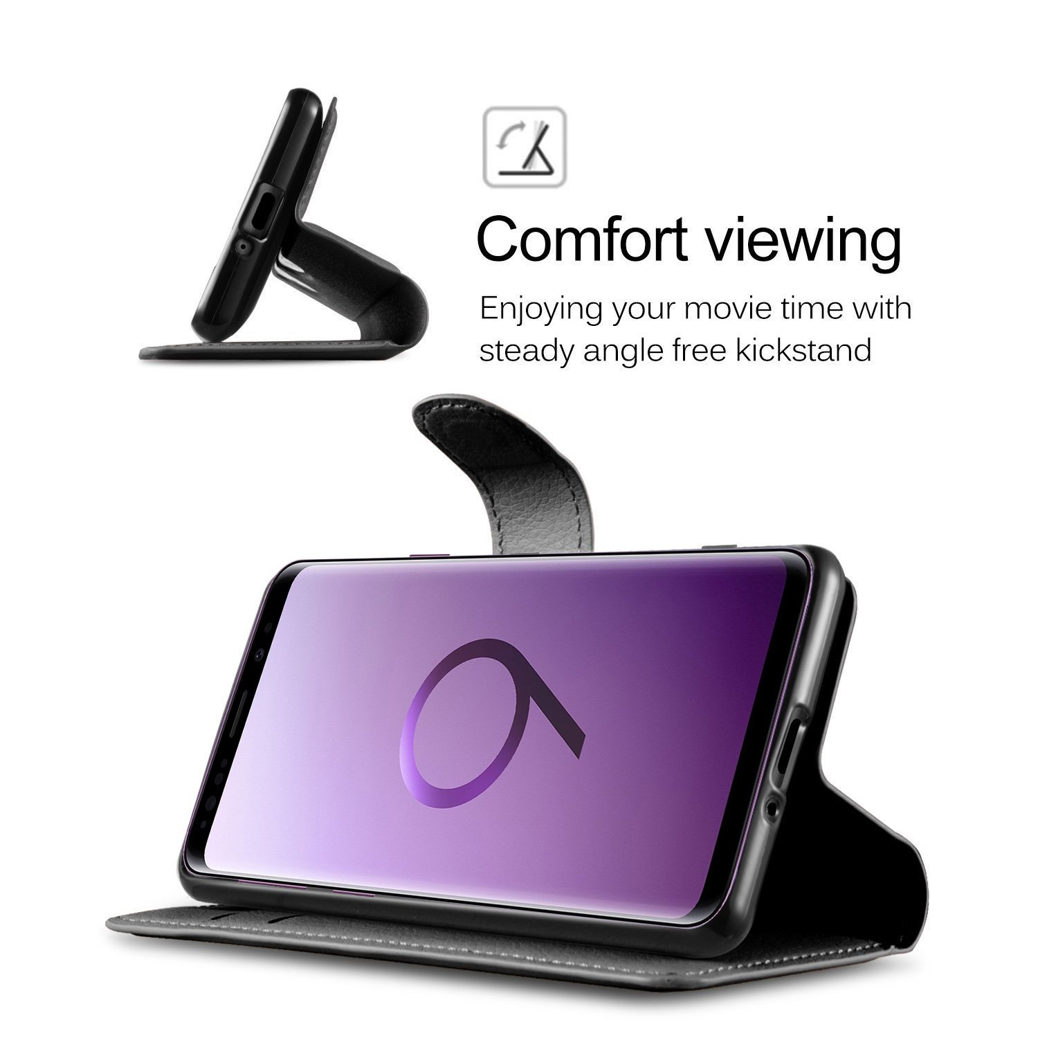 Samsung Galaxy S9 Plus Wallet Case Waterproof, PRODELI Slim Genuine Leather Folio Flip Phone Case Cover Protective Pouch [Magnetic Clasp Closure] [ID Card & Cash Slot] [Folding Kickstand] (Black)