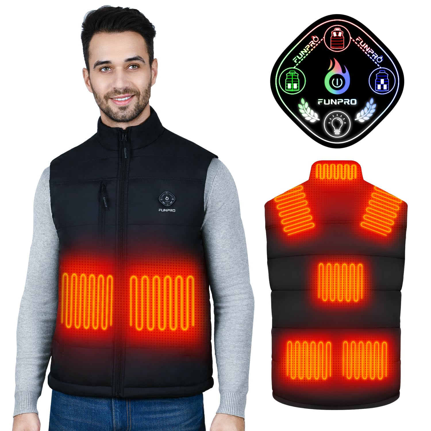 FUNPRO Heated Vest for Men, 5 in-1 Smart Controller, Lights-out Design ...