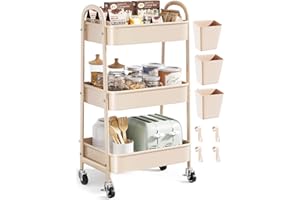 OSIVAEX Beige 3 Tier Rolling Cart Metal on Wheels, Three Tiered Storage Organizer Utility Trolley with Wheels for Art, Craft, Baby Diaper Caddy, Snack, Book, Nail, Lash, Cleaning Supplies, Kitchen, Bathroom