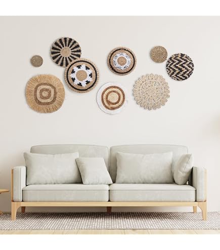 Lot De 7 Paniers Muraux Bohèmes Hintyne - Différentes Tailles En Paille Tissée Pour Décoration