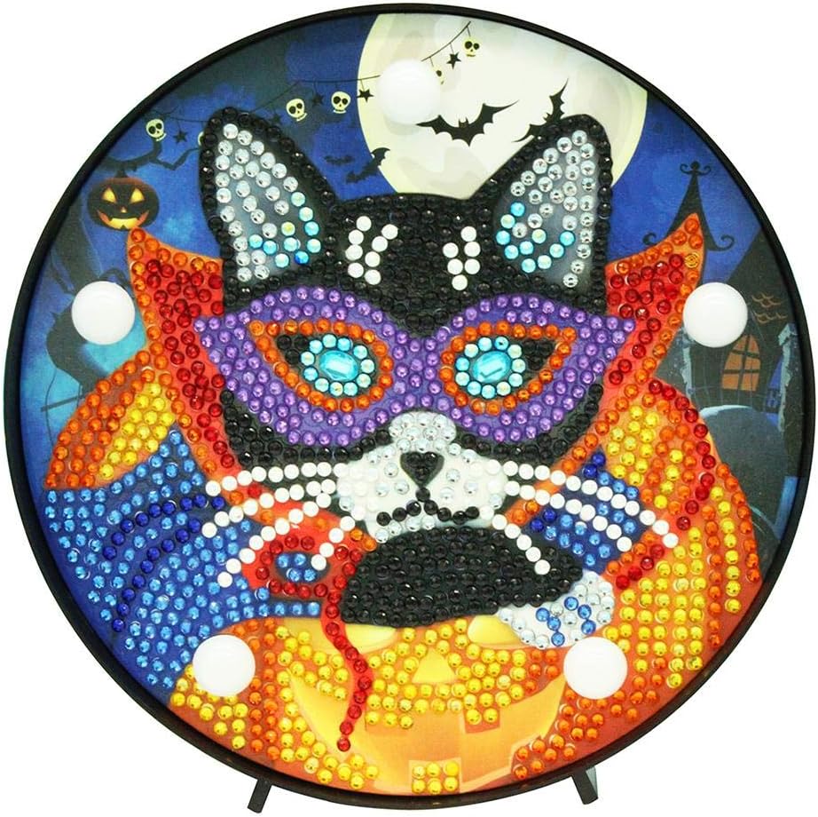Yanuten Cat DIY Diamond Painting Kit with LED Night Light, 5D Partial Special Shape Crystal Drawing Kit Handmade Artwork Bedside Lamp for Halloween Home Decor Gifts