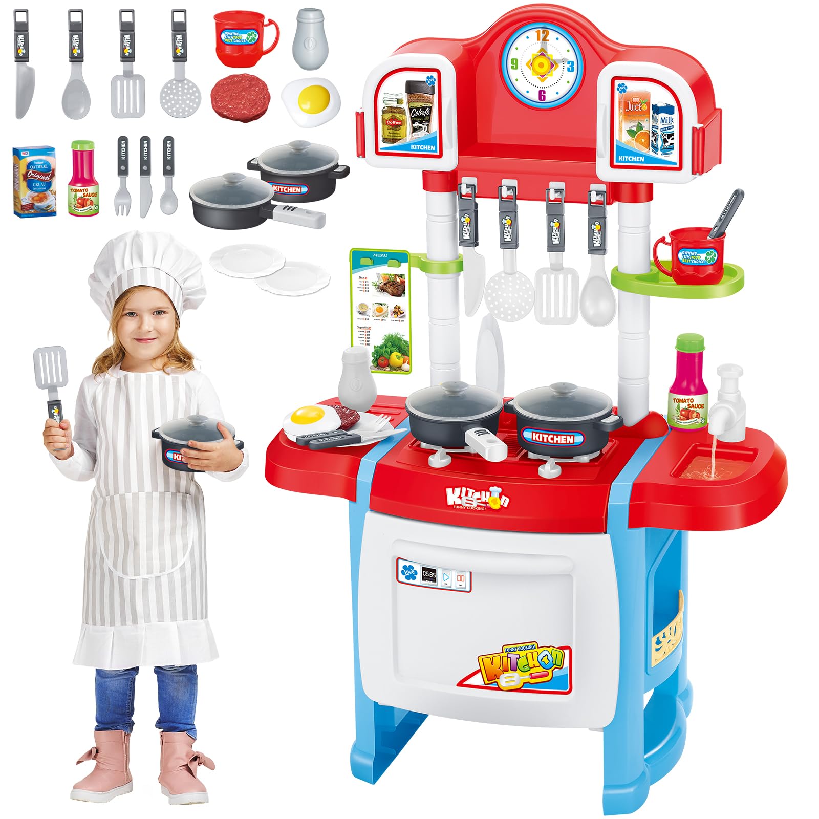 deAO My Little Chef Kitchen Playset Role Playing Game with Light and Sound, Water Features and 18 Accessories Included (RED)