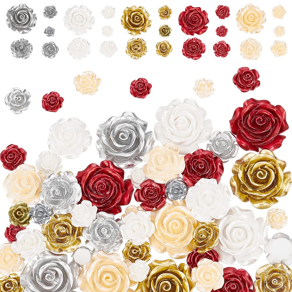 PH PandaHall 50pcs Flower Beads 5 Sizes Rose Cabochons 5 Colors Flatback Floral Resin Beads Opaque Rose Cabochons Backs for Spring Phone Case Hairpin Shoe Scrapbooking Jewelry Making Home Decor