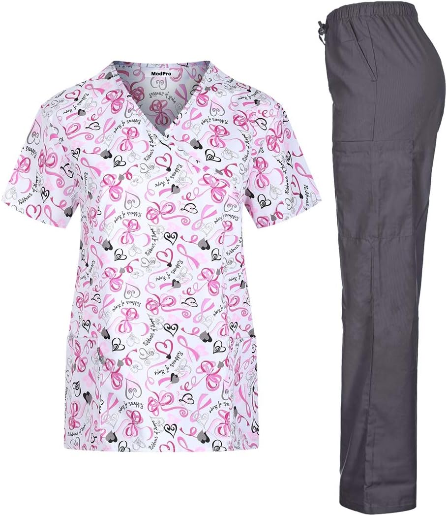 MedPro Women's Printed Medical Scrub Set Mock Wrap Top and Pants