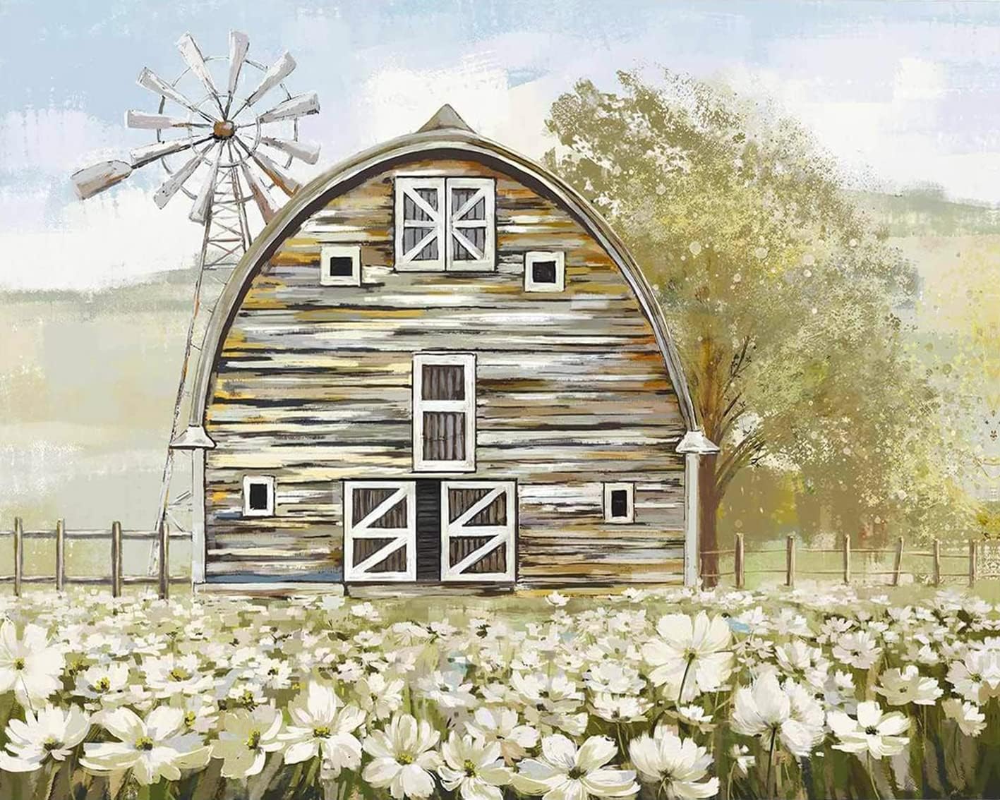 Paintings - TUMOVO White Barn DIY Paint by Numbers for Adults Beginner, Flower Field Paint by Number Kits on Canvas, Wood Texture Windmill Canvas Oil Painting by Number Kit Drawing 16x20inch (Frameless)