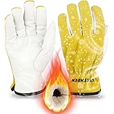 FEISHDEK Winter Work Gloves for Men, Warm Insulated Leather Work Gloves, Cowhide Leather Gloves Working in Cold Weather (White+Yellow, Medium)