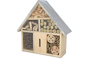 Navaris M Wooden Insect Hotel - 10 x 11 x 3 Inches - Natural Wood Insect Home Bamboo Nesting Habitat - Garden Shelter for Bees, Butterflies, Ladybugs