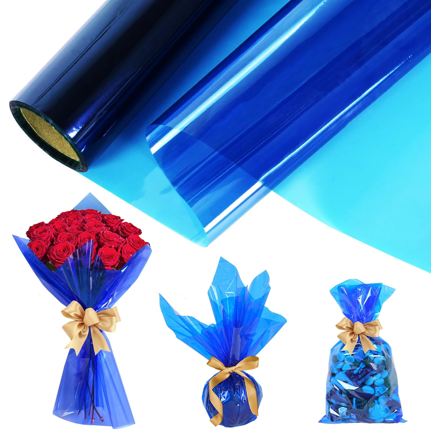 Cellophane Wrap Roll, Width 40cm x 30m Long 3.5 Mil Thick Transparent Red Flower, Gifts, Baskets, Treats, Cellophane Wrapping Paper, Colorful Cello Craft Christmas Holiday Decoration (Blue)