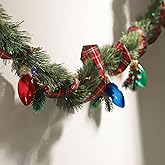 MIYA LIFE Festive Christmas Garland with Red Blue and Green Bulb Lights - 6.5FT Norfolk Pine Branch on Red Bow 25 LED Battery Operated with Remote Ideal Christmas Garland for Mantle