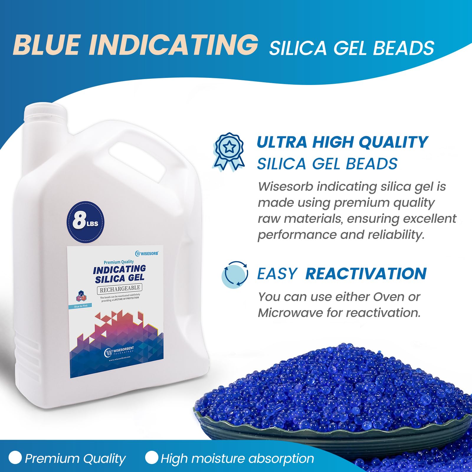 [Net Weight 8LBS] Blue Indicating Silica Gel Beads Desiccants - Rechargeable Desiccant Beads Silica Beads (Blue to Pink, 1 Pack of 8LBS)