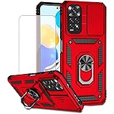 Yodueiv for Redmi Note 11 (4G)/Redmi Note 11S Case with Tempered Glass Screen Protector and Slide Camera Cover, Magnetic Ring Car Mount Holder Kickstand Protective Cover for Xiaomi Redmi Note 11 Red