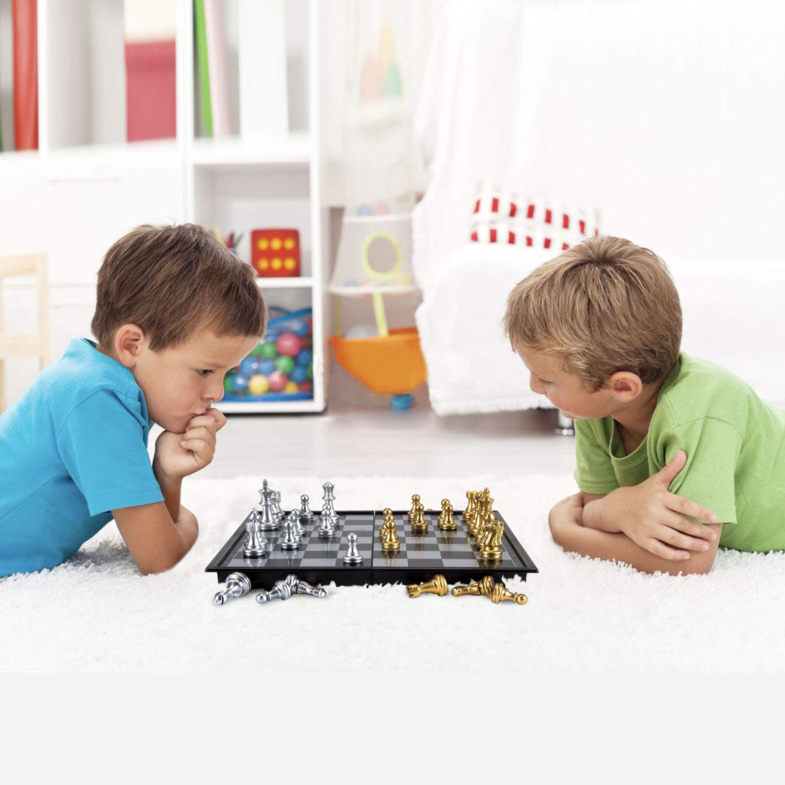 AMEROUS 10'' Magetic Travel Chess Set, Plastic Portable Folding Chess Board Game with Gold and Silver Chess Pieces - 2 Extra Queens - Chess for Beginner, Kids, Adults