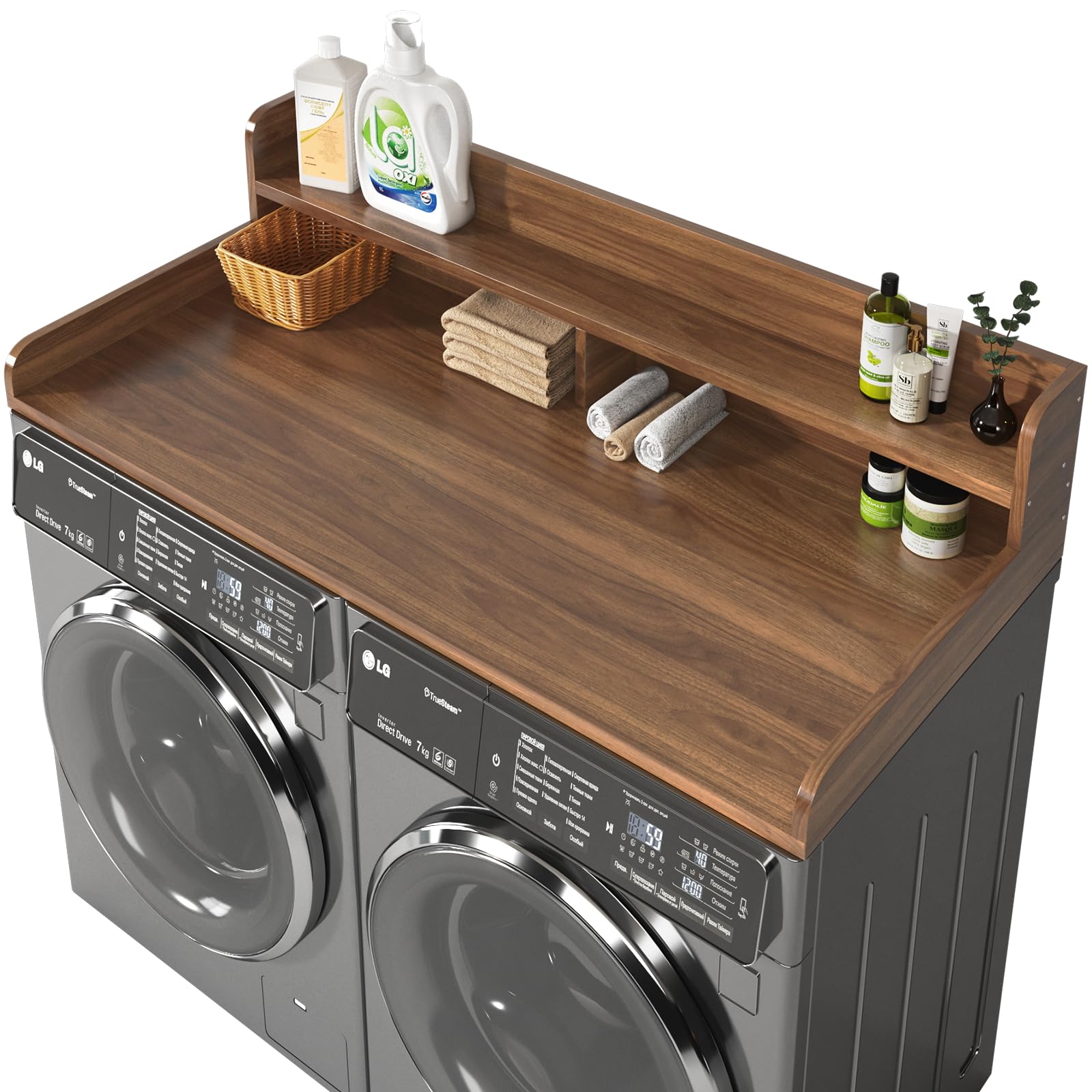 Photo 1 of 2-Tier Washer and Dryer Countertop with 2.75" H Guard,54" W x 27.5" D Laundry Countertop Cover with Non-Slip Pad,Large Space Laundry Topper for Folding Clothes Over Washer and Dryer-Dark Walnut