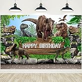 Dinosaur Theme Birthday Backdrop Banner - Happy Birthday Photography Background - Tropical Jungle World Party Backdrop for Children