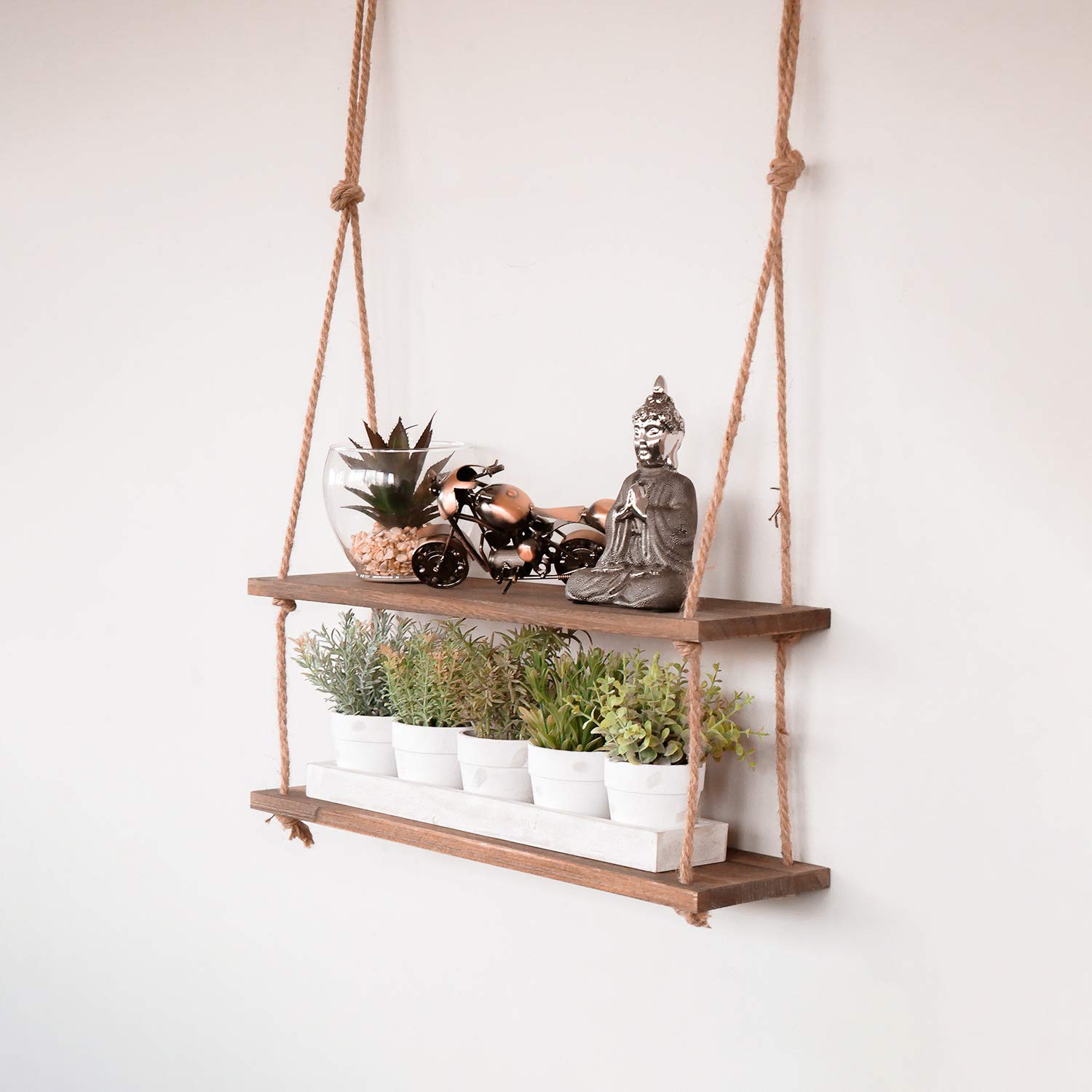 2 Tier Rope Swing Shelf Vintage Shabby Chic Shelving Rustic