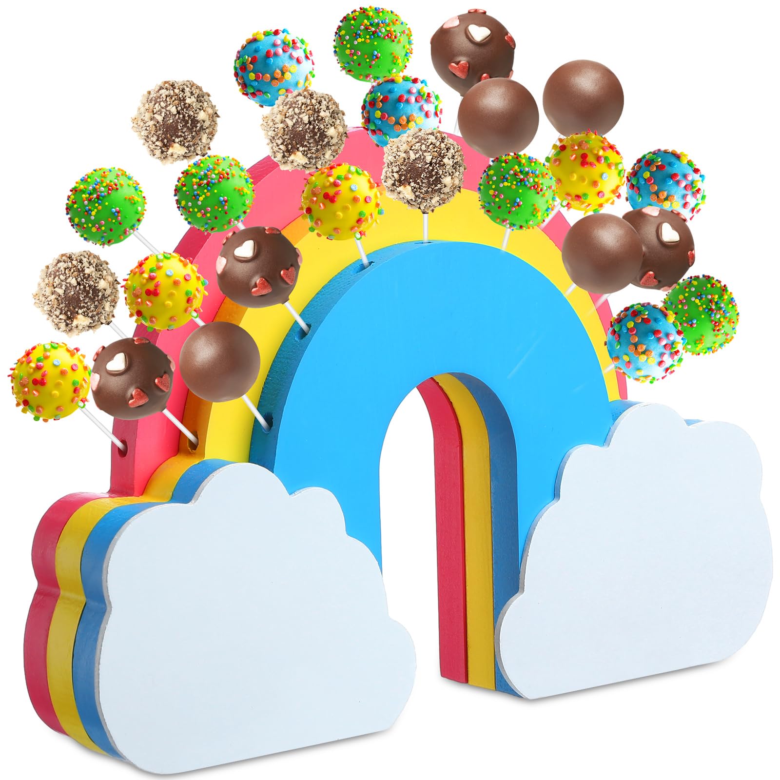Photo 1 of DoubleFill Rainbow Wooden Cake Pop Stand Lollipop Holder for Dessert Table 26 Holes Cake Pop Display Stand Suit 0.16''/4mm Lollipop Sticks for Birthday Parties Weddings Baby Showers Anniversaries