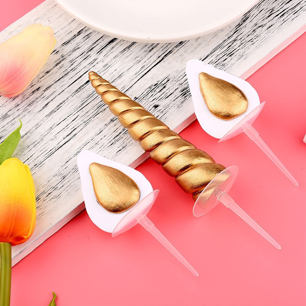 Romote Unicorn Cake Decorations,Cake Toppers Ears and Eyelashes Unicorn Party Baby Shower Wedding Headband For Girl(Gold)