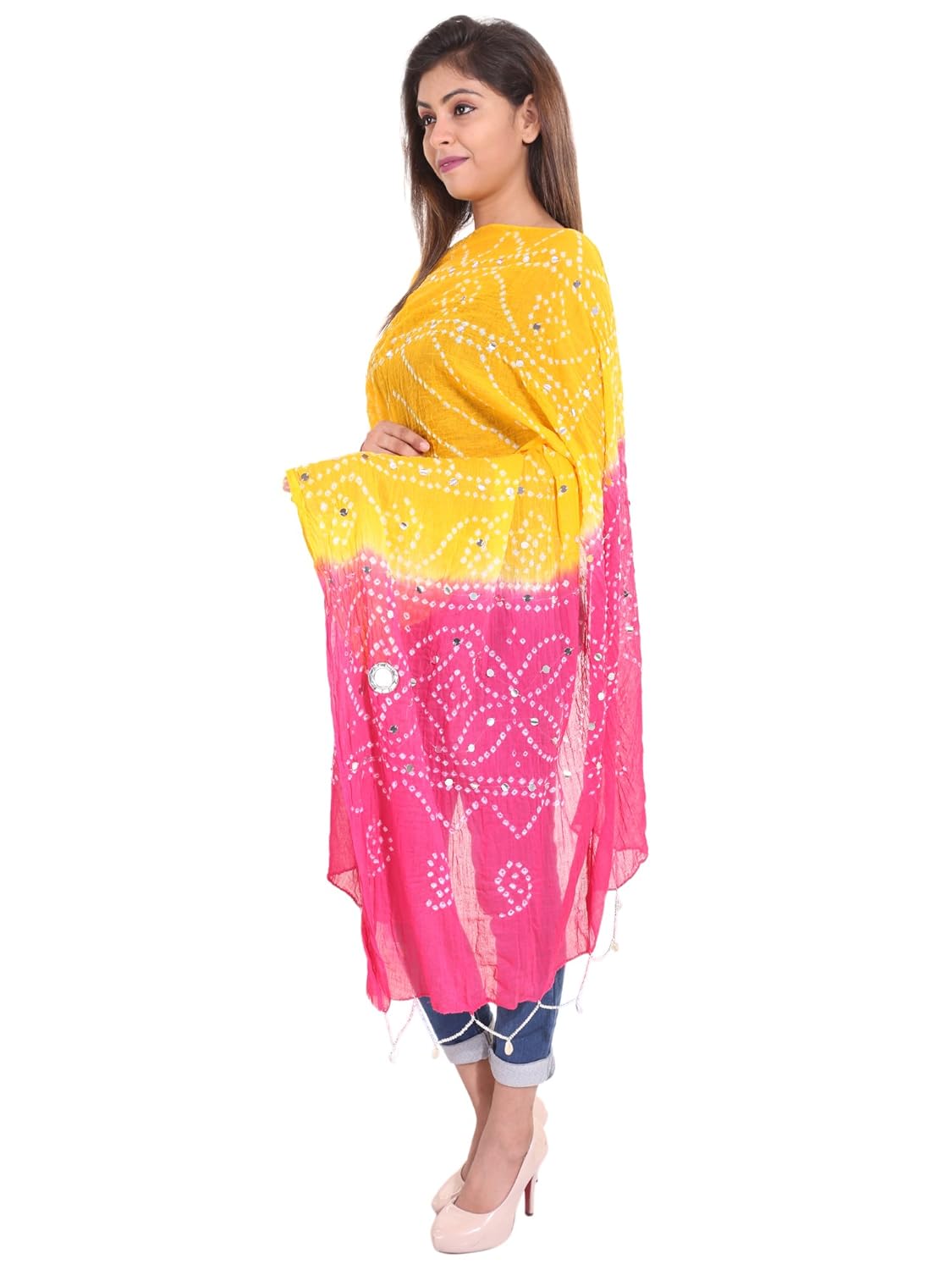 zaributi cotton bandhani dupatta with mirror work