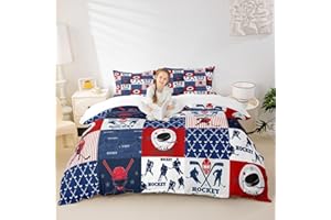 MANFEI Ice Hockey Duvet Cover Set Queen Size,Geometric Check Patchwork Stylish Bedding Set,Athlete Winter Sports Theme Comforter Cover for Kids Teens Boys Bedroom Decor,Blue Red Quilt Cover,2 Pillowcases
