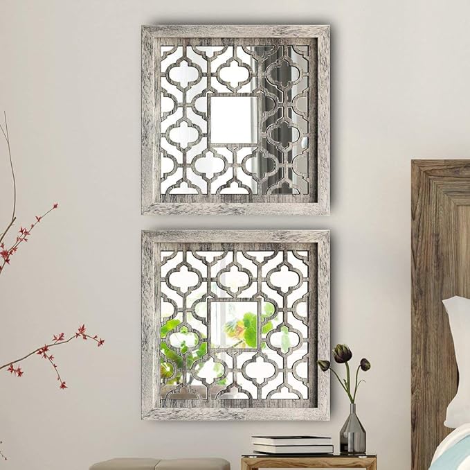 Amazon Com Square Rustic Distressed White Framed Wall Decorative Mirror 12x12 Inches Modern Diy Fashion Mdf Wood Material Wall Mounted Mirrors Set Of 2 Pieces Kitchen Dining