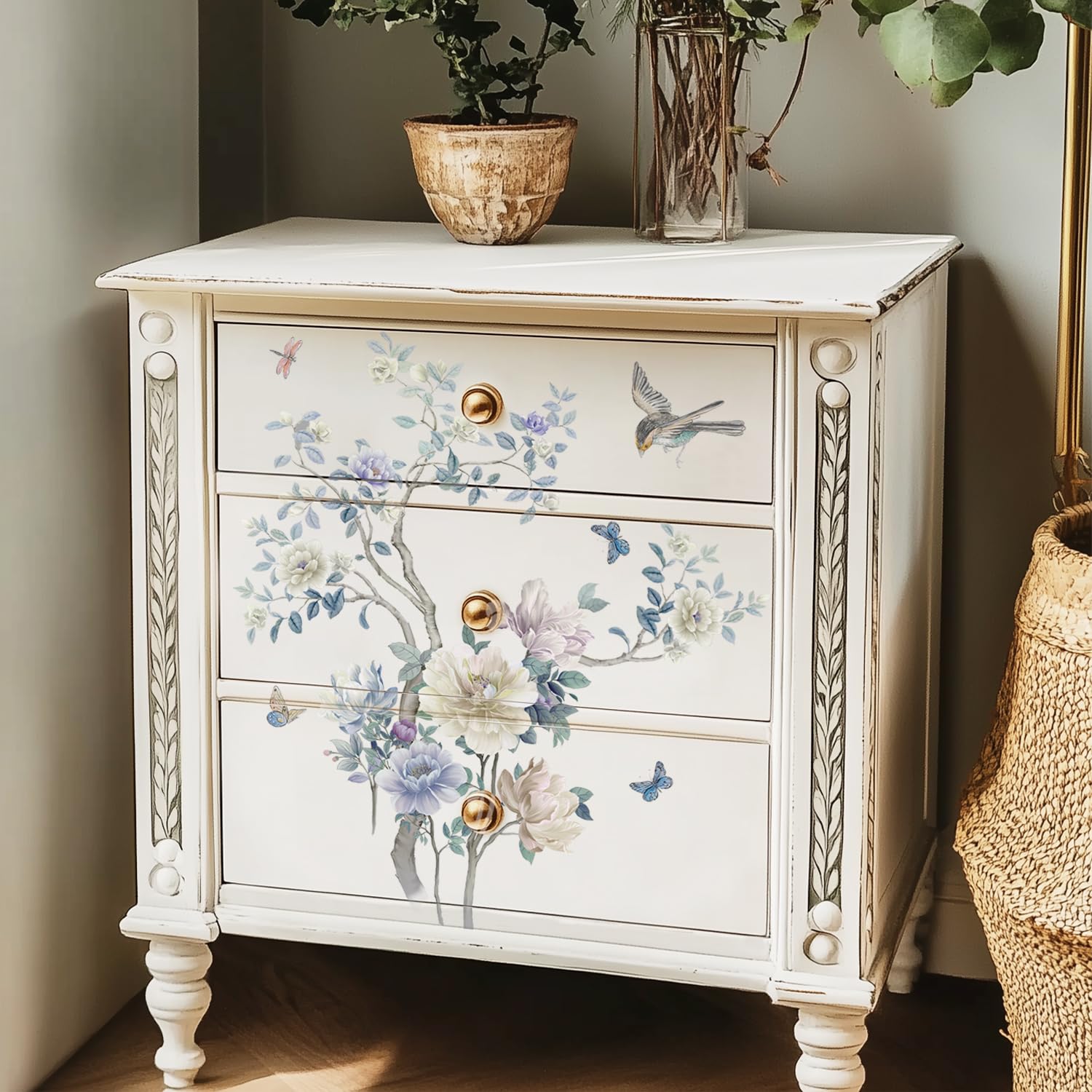 Photo 1 of Flortlias Rub on Transfer for Furniture, Vintage Floral Furniture DTF Transfers, Large Flower Stickers for Wood Glass Home Decor, Spring Blue Penoy