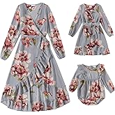 Mommy and Me Matching Dresses Floral Split Ruffled Boho Dress Long Sleeve Casual Fall Winter Mom Daughter Matching Outfits