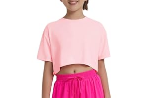 EXARUS Girls Athletic Shirts Short Sleeve Crop Tops/Split Back Quick Dry T Shirt Workout Summer Casual Kids 6-14Y