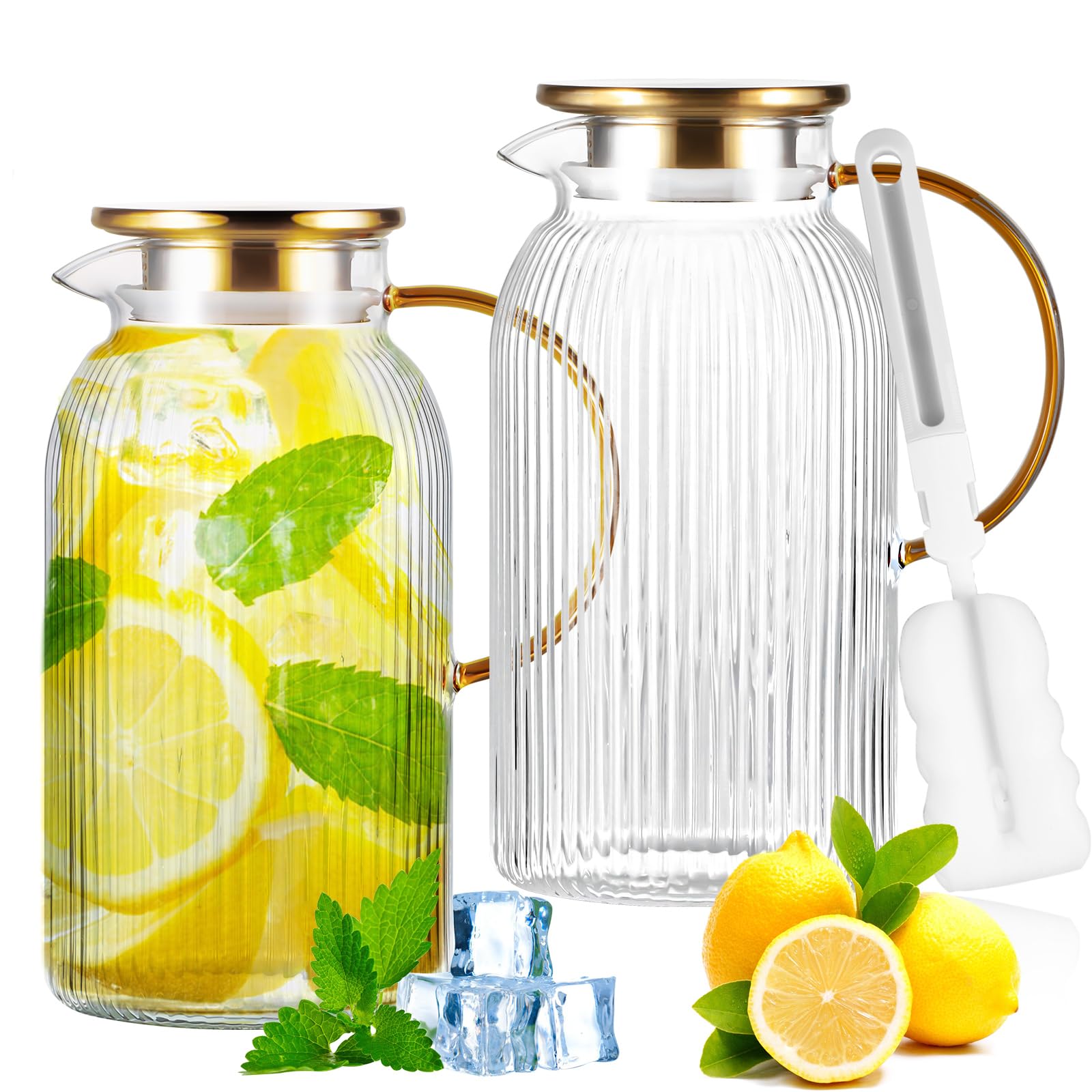 Glass Pitcher with Lid,2 PACK 64 oz/1.9 Liter Stripes for Fridge,Iced ...