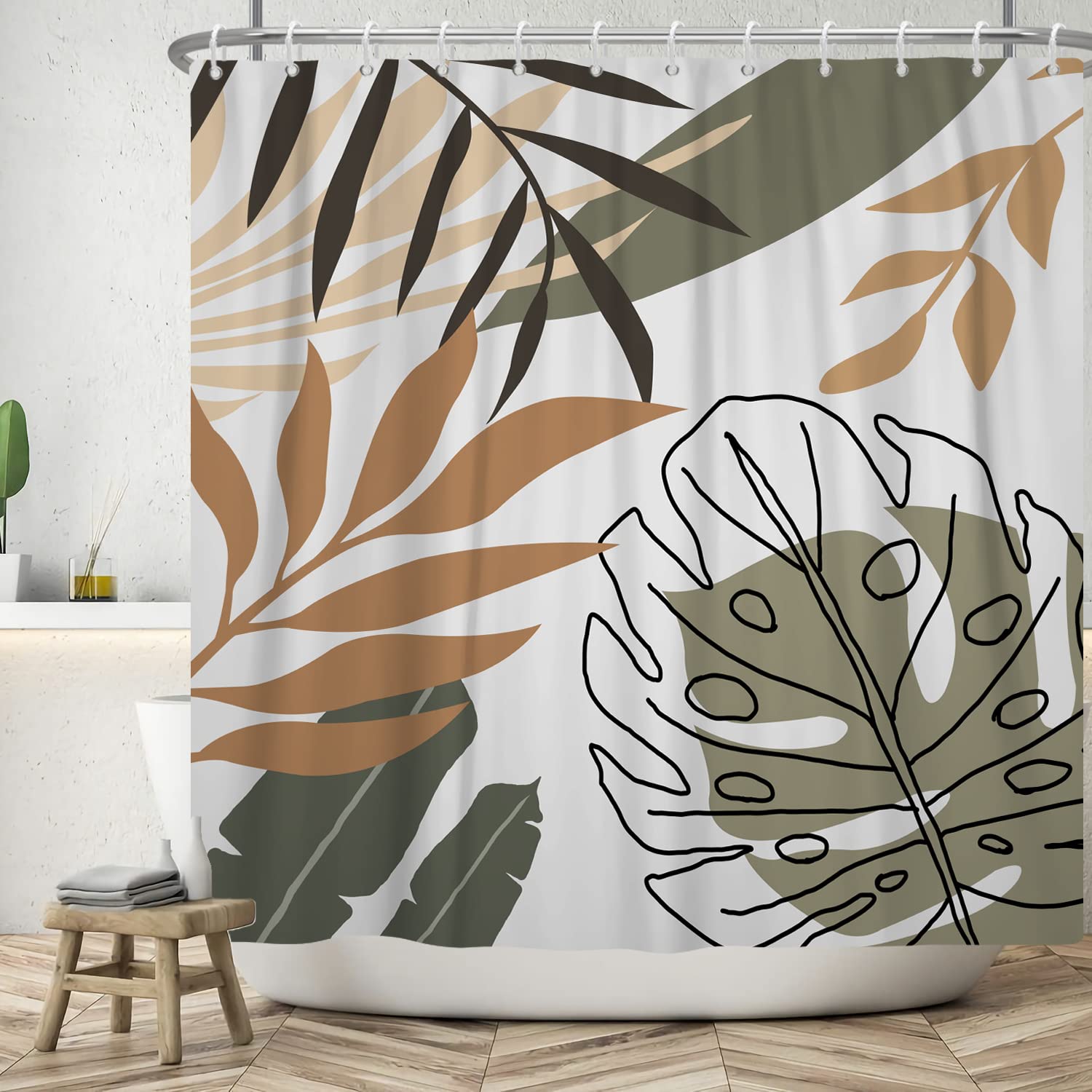 Bovlleetd 71x71inch Abstract Plant Shower Curtain - Washable Bohemian Tropical Botanical Bathroom Mid-Century Art - Waterproof With Hooks — image 1