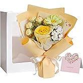 Oipuloh Yellow Crochet Flower Bouquet, Finished Handmade Rose and Forget-Me-Not, Soft Knitted Forever Flowers for Graduation, Birthday Gift for Women, with Gift Card