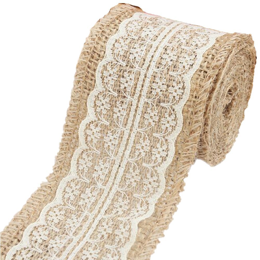 Xikee 2 Metre of Natural Hessian Ribbon with Lace Detail, Available in 2.5cm, 4cm and 6cm Widths (6cm) by Ximkee