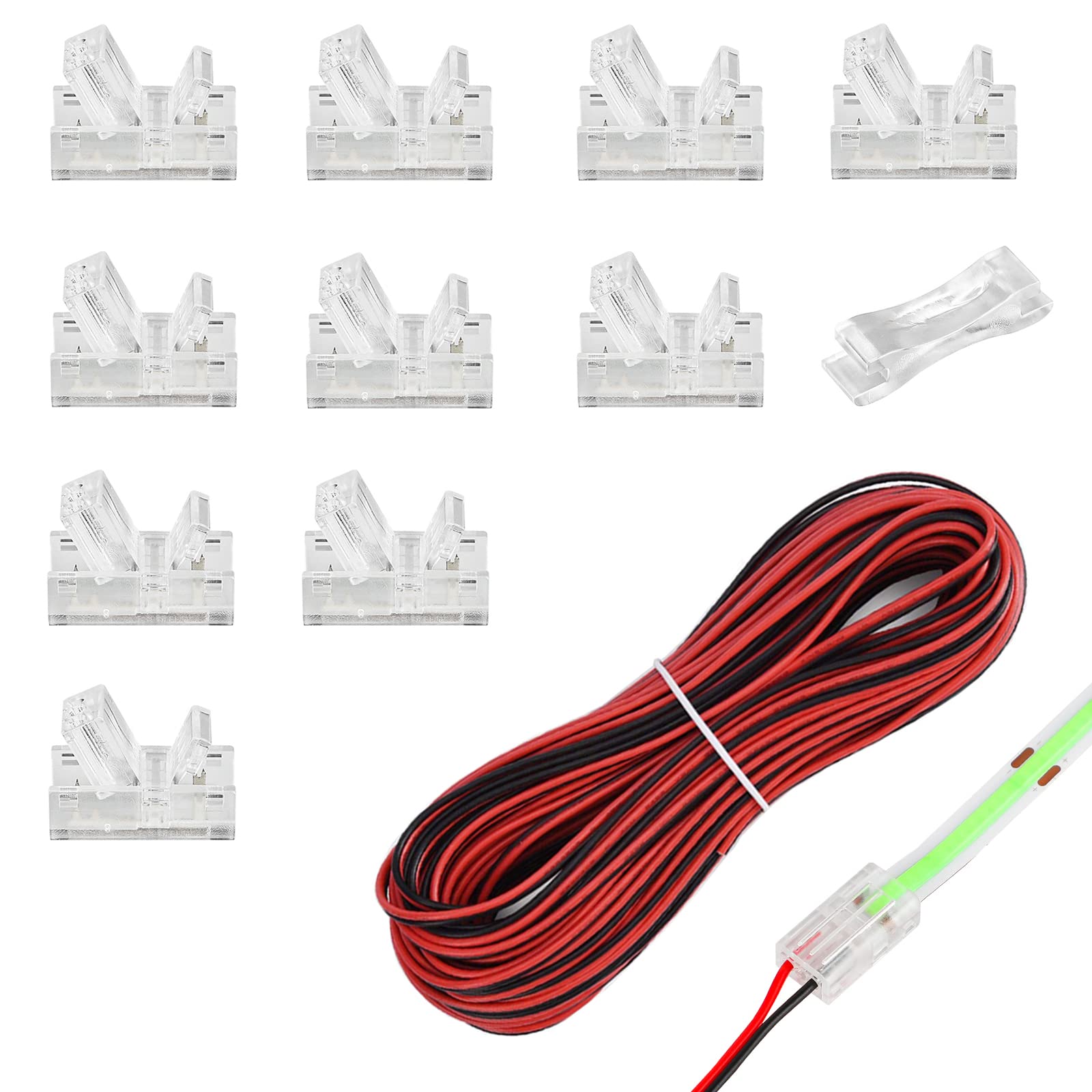 HOMELYLIFE 10 Pcs 2 Pin 10mm COB LED Strip Connectors, Strip to Wire Quick Connection Solderless Adapter for 10mm Width COB LED Strip Lights with 16.4ft 5m Extension Cable — image 1