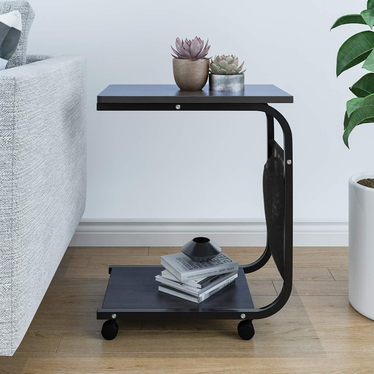 QIHANGUK End Table on Wheels C Shape Small Coffee Table Mobile Laptop