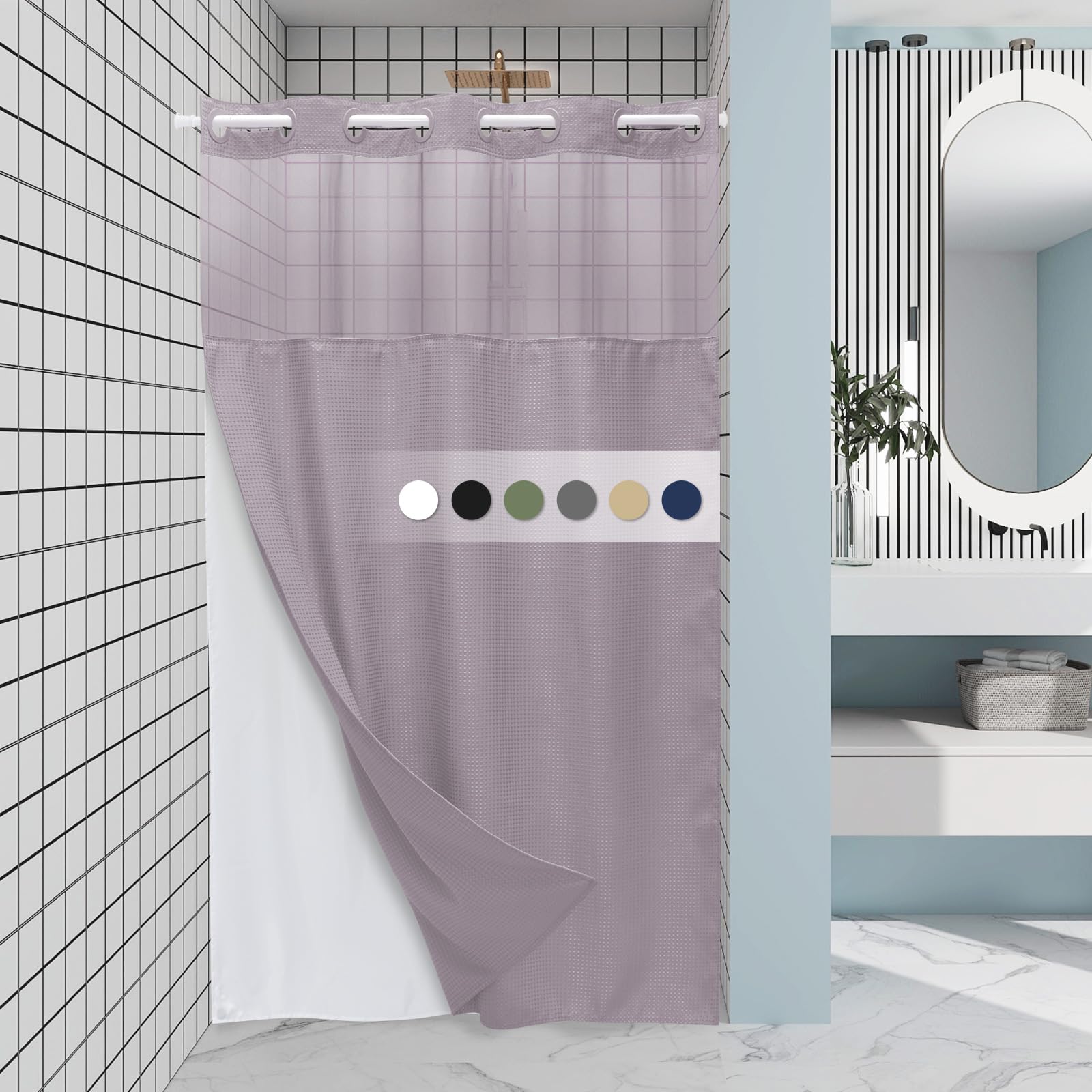 EUTXL Lavender Stall No Hook Shower Curtain with Snap in Liner,230GSM Waffle Weave Shower Curtains for Bathroom,54W x 80H Image