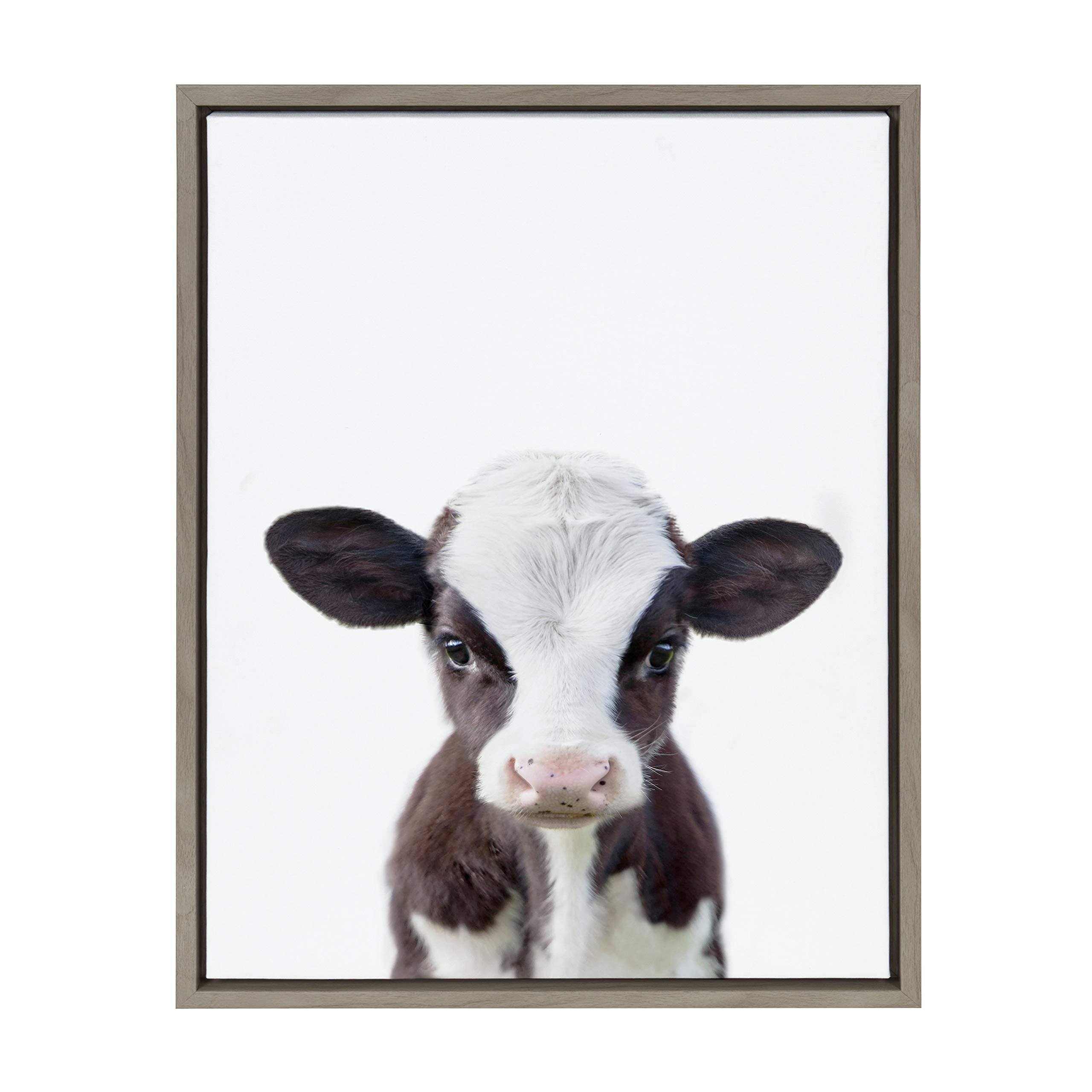 DesignOvation Sylvie Baby Cow Portrait Framed Canvas Wall Art by Amy Peterson, 18x24 Gray, Cute Baby Animal Home Decor for Living Room, Bedroom, Or Nursery
