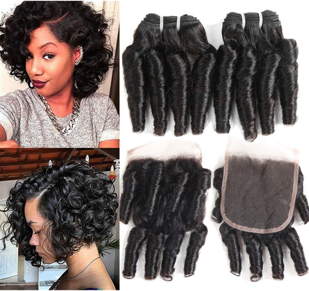 Molefi Brazilian Funmi Hair Curly Weave 3 Bundles with Lace Closure Spiral Curl Hair Bundles with 4x4 Closure 100% Human Hair Extensions 50g/pc Natural Black (8 8 8 +8)