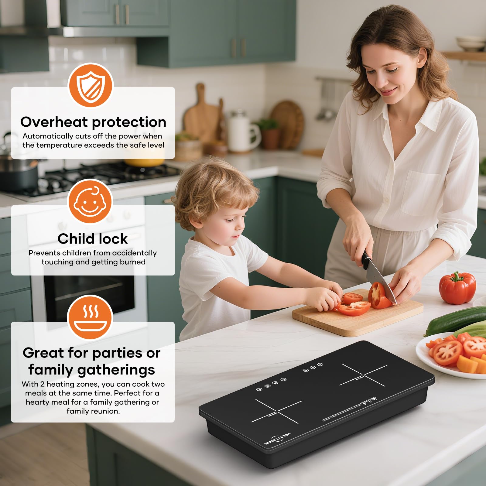 VoltCuisine 1800W Dual Induction Cooktop – Compact 2-Burner Electric Stove, 9 Power Levels, Touch Control, Timer & Safety Lock, Ideal for Apartments, RVs, and Small Kitchens