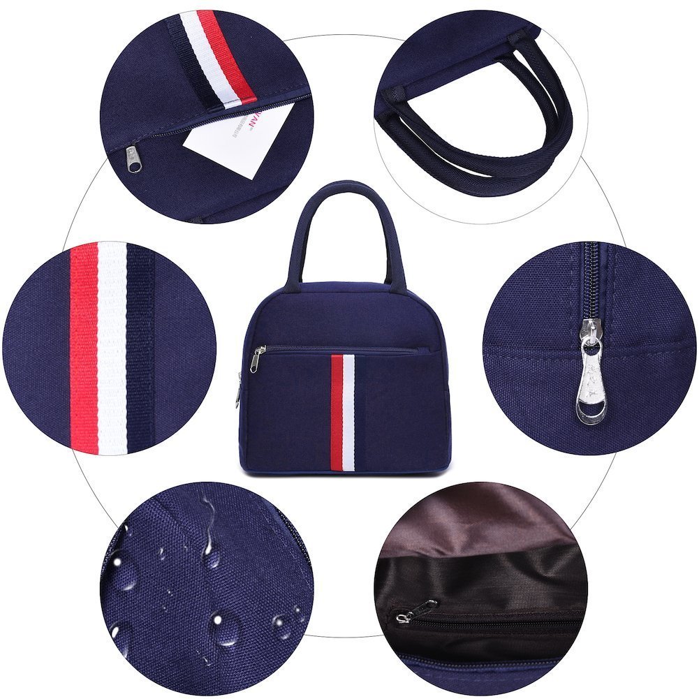 Lunch Bags, Tote Bag Lunch Box Reusable Zip Closure Handbag Back Pocket Picnic Organizer Tote Bag Lunch Organizer Holder Container Lunch Bags Lunch Boxes Lunch Tote for Men, Women, Kids (Dark Blue)