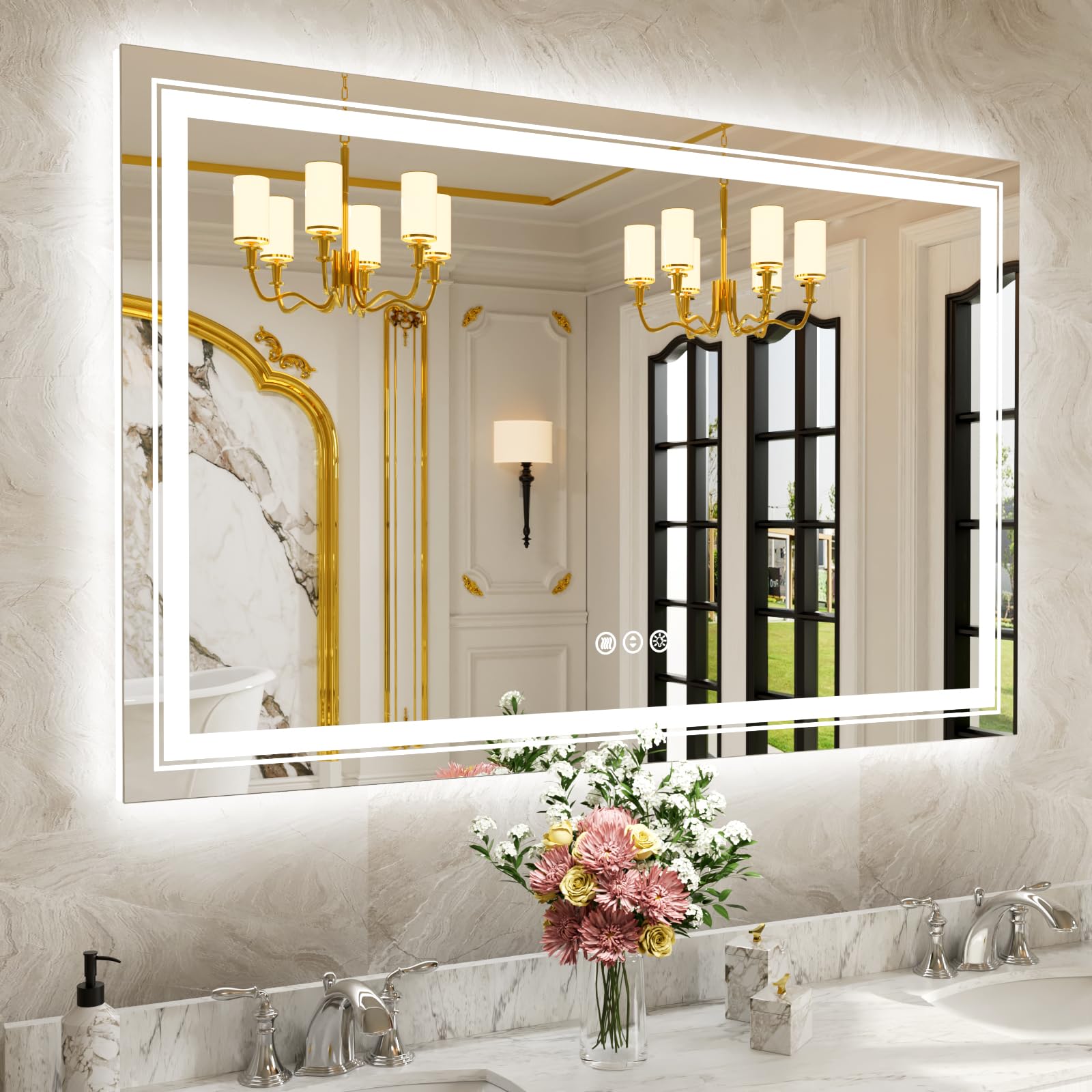 Photo 1 of  LED Bathroom Mirror 48"x40" with Back and Front Light,Modern LED Mirror for Bathroom,Stepless Dimmable Lighted Bathroom Vanity Mirror with Anti-Fog,Memory Function,Shatter-Proof