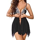 ADOME Lingerie for Women Front Closure Lace Babydoll Chemise V Neck Mesh Lingerie Dress with Thong