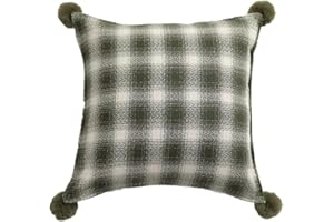 MOCOFO Christmas Throw Pillow Cover - Cotton Festive Plaid with Pom Poms (18x18) (Green)
