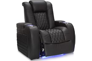 Seatcraft Diamante - Home Theater Seating - Living Room - Power Recline - Italian Leather - Powered Headrests - Cupholders - USB Charging - Ambient Lighting - Arm Storage, Single Recliner, Black